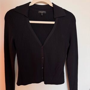 rag & bone Knit Black Ribbed Button Collared Blouse V-Neck S